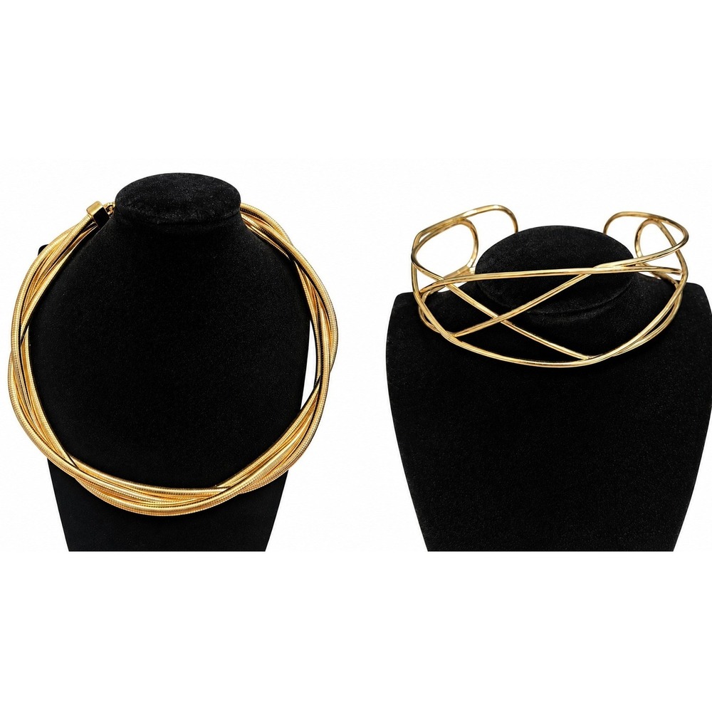 Gold Tone Statement Necklace Set Multi Strand Snake Chain and Geometric Choker